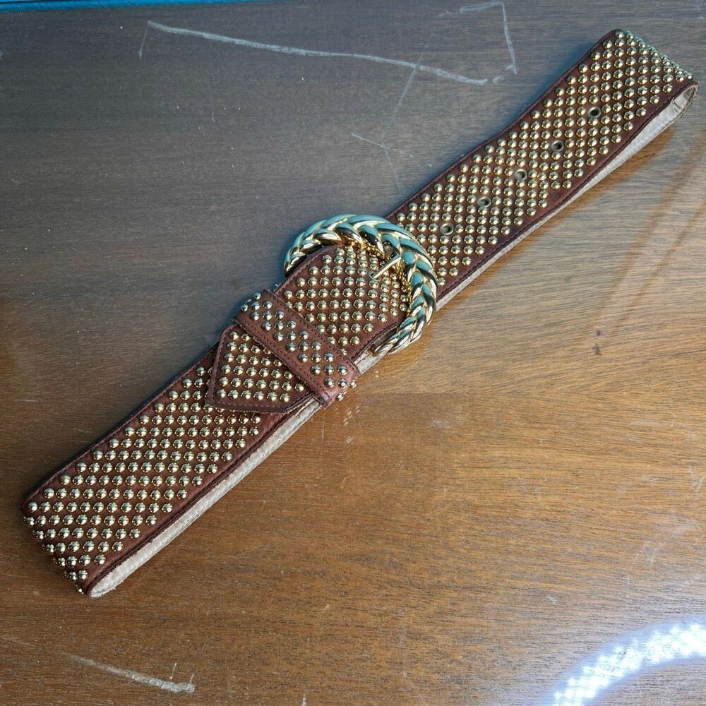 Vtg Gold Studded Leather Belt medium to large Womens Sand Castle New York  chunk